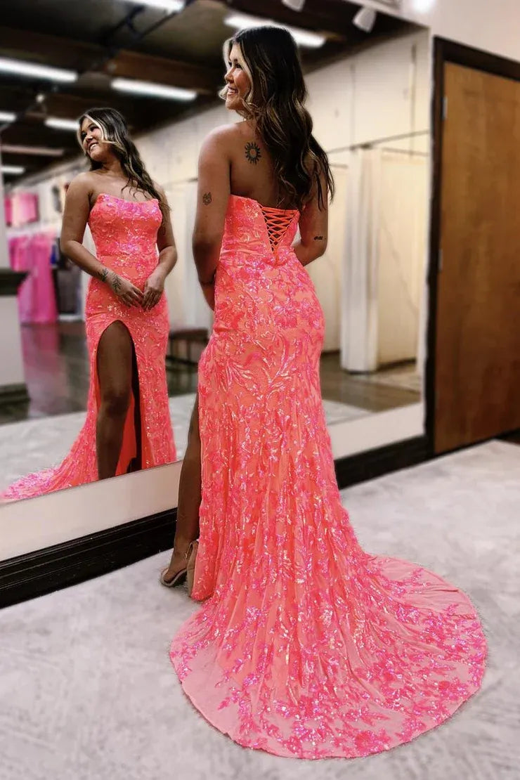 Glamorous Mermaid Strapless Lace-Up Back Slit Floor-Length Prom Dress