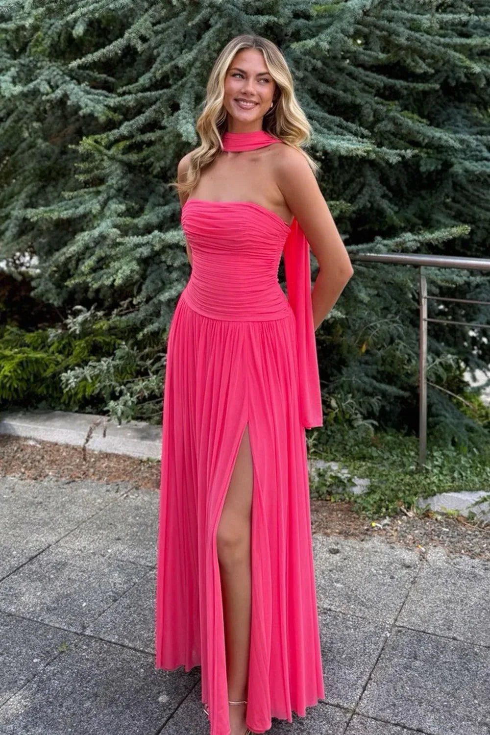 Elegant A-Line Strapless Ruched Scarf-Neck Slit Floor-Length Prom Dress