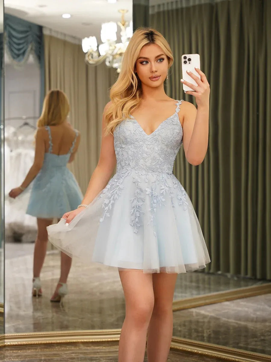 Romantic A-Line V-Neck Sleeveless Zipper Back Tulle Mini Homecoming Dress