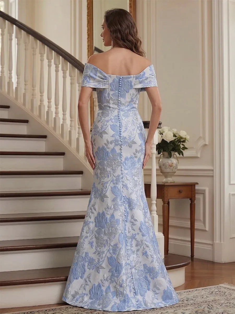 Elegant Mermaid Off-Shoulder Short-Sleeve Button-Back Floor-Length Mother of the Bride Dress