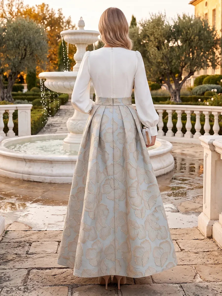 Elegant A-Line V-Neck Long Sleeve Zipper Back Floral Maxi Mother of the Bride Dress