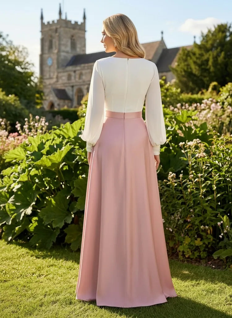Elegant A-Line V-Neck Long-Sleeve Two-Tone Floor-Length Mother of the Bride Dress