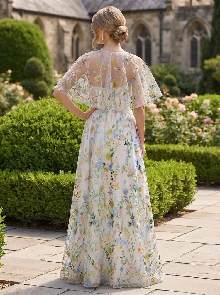 Elegant A-Line Illusion-Neck Cape-Sleeve Floral Floor-Length Mother of the Bride Dress