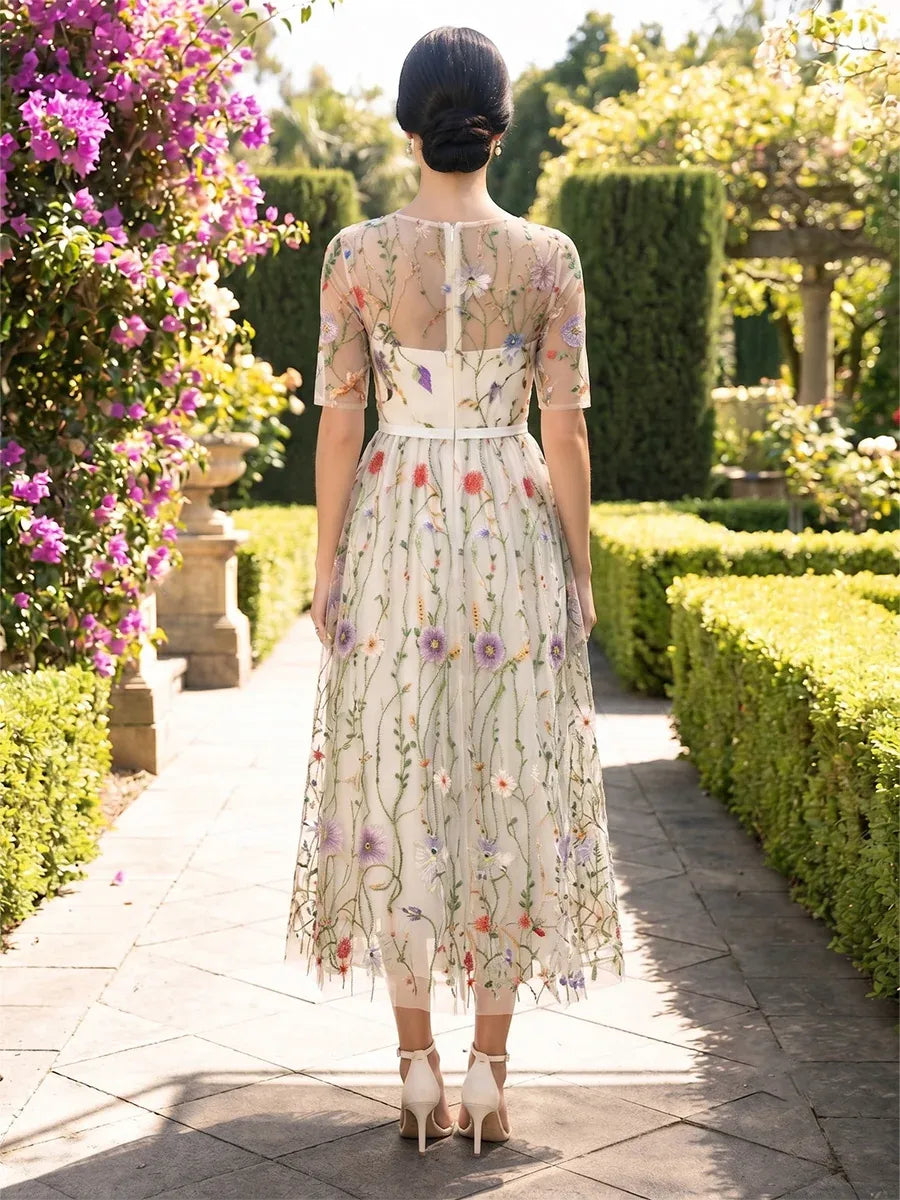 Romantic A-Line Illusion Neck Short Sleeve Zip Back Midi Wedding Guest Dress