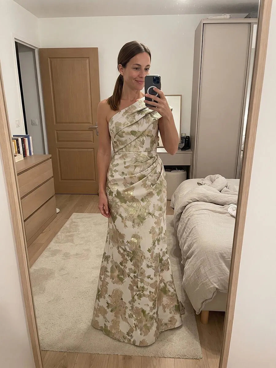 Elegant Column One-Shoulder Sleeveless Jacquard Floor-Length Mother of the Bride Dress
