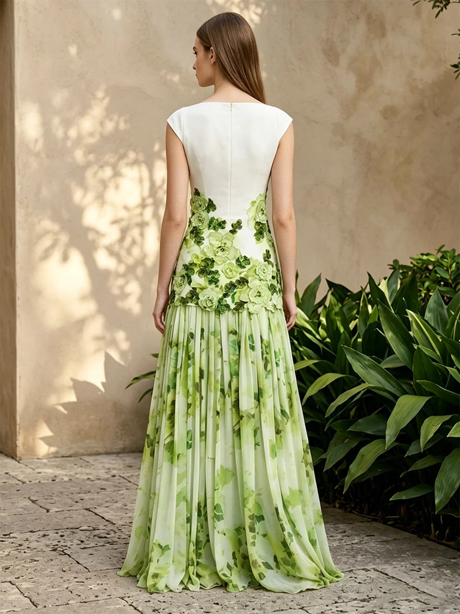 Elegant A-Line Boat Neck Cap Sleeve Chiffon Floor Length Wedding Guest Dress