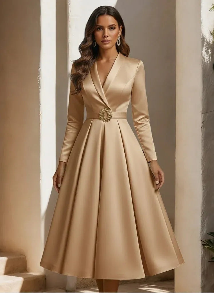 Elegant A-Line V-Neck Long Sleeve Closed Back Tea-Length Cocktail Dress