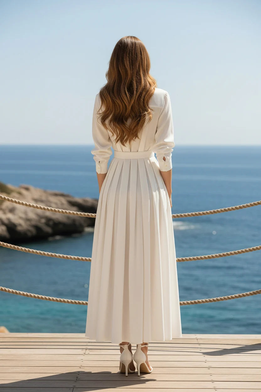 Chic A-Line Collared V-Neck Three-Quarter Sleeve Woven Midi Mother of the Bride Dress