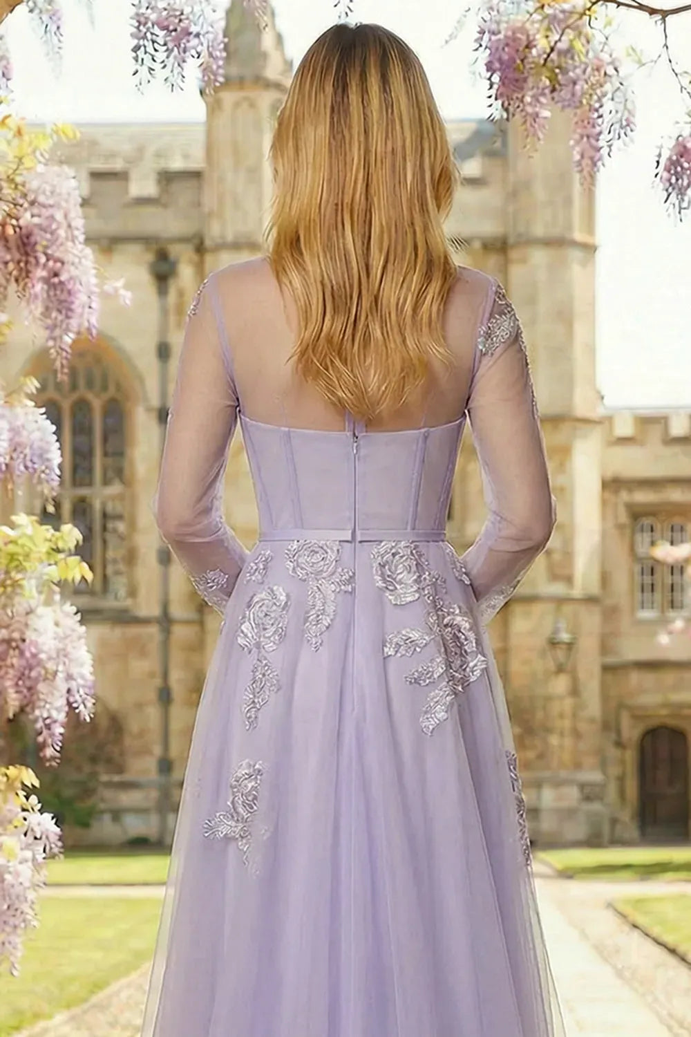 Romantic A-Line Illusion Neckline Long Sleeve Zipper Back Floor Length Prom Dress