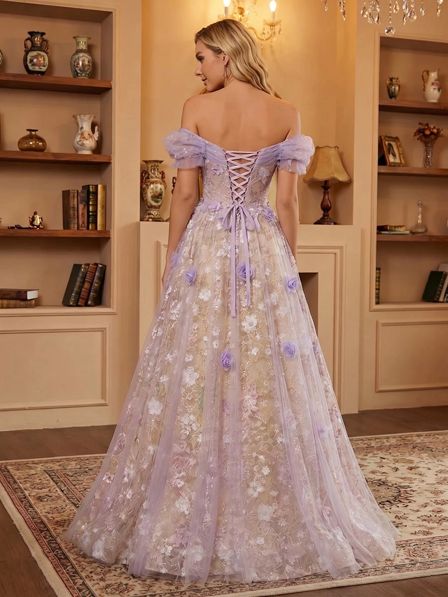 Romantic A-Line Lace Off-Shoulder Floral Corset Floor-Length Prom Dress
