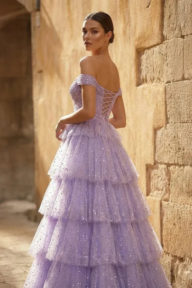 Glamorous Glitter Tulle A-Line Sweetheart Off-Shoulder Lace-Up Floor-Length Prom Dress