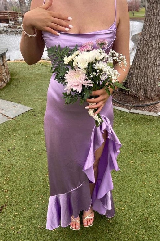 Chic Satin Sheath Cowl Neck Spaghetti Strap Open Back Ruffle Slit Prom Dress