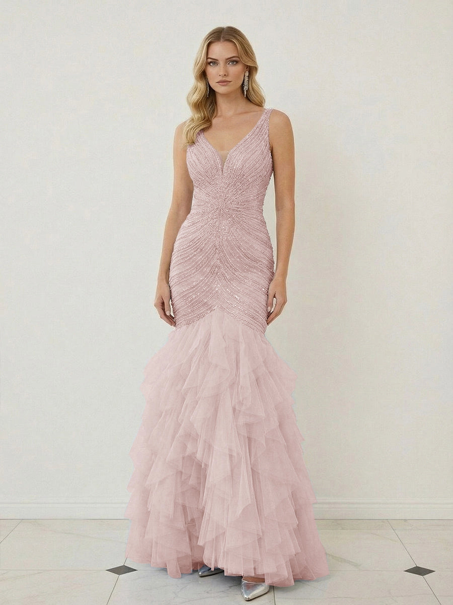 Glamorous Beaded Tulle Mermaid V-Neck Sleeveless V-Back Ruffled Floor-Length Prom Dress