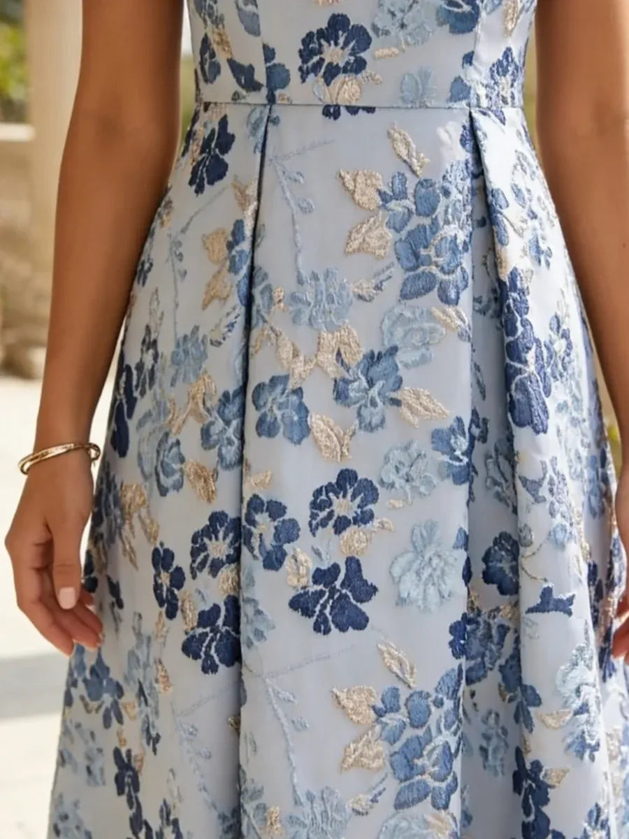 Elegant A-Line Round Neck Sleeveless Zipper Back Tea-Length Wedding Guest Dress