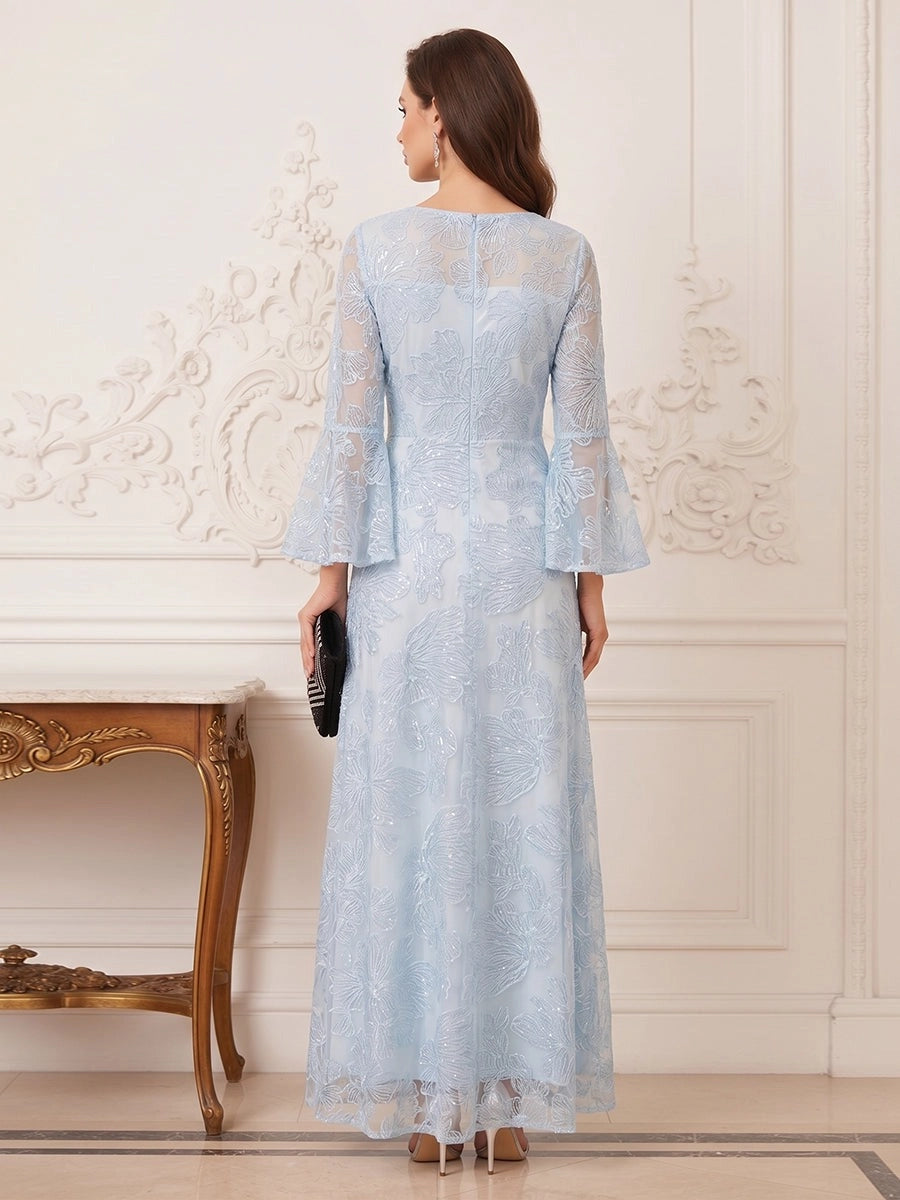 Elegant A-Line Illusion-Neck Bell-Sleeve Zip-Back Floor-Length Mother of the Bride Dress