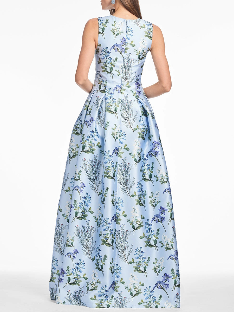 Romantic Floral Satin Ball-Gown V-Neck Sleeveless Zipper-Back Floor-Length Prom Dress