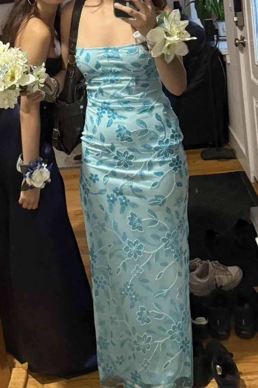 Loverlm Light Blue Floral Sequin Strapless Lace-Up Back Long Sheath Prom Dress