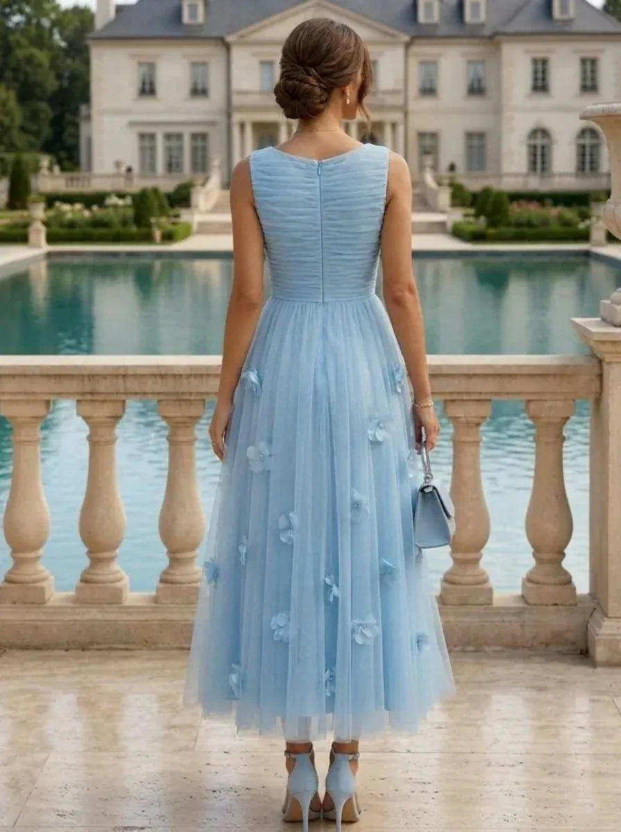Elegant A-Line Bateau Sleeveless Zip-Back Tea-Length Wedding Guest Dress