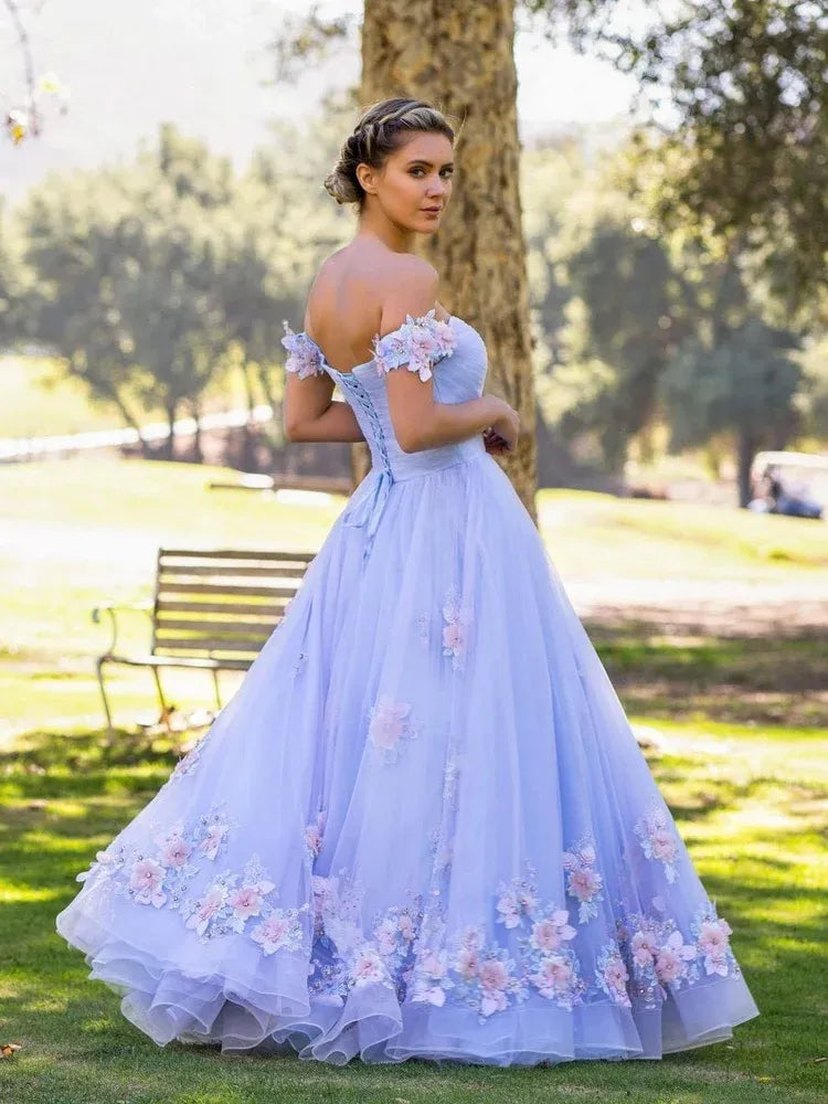 Romantic A-Line Sweetheart Off-Shoulder Floral Lace-Up Back Floor-Length Prom Dress