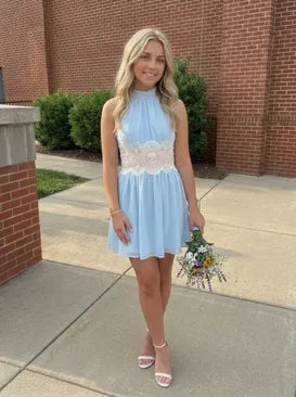 Romantic A-Line High-Neck Sleeveless Tie-Back Lace-Waist Mini Homecoming Dress