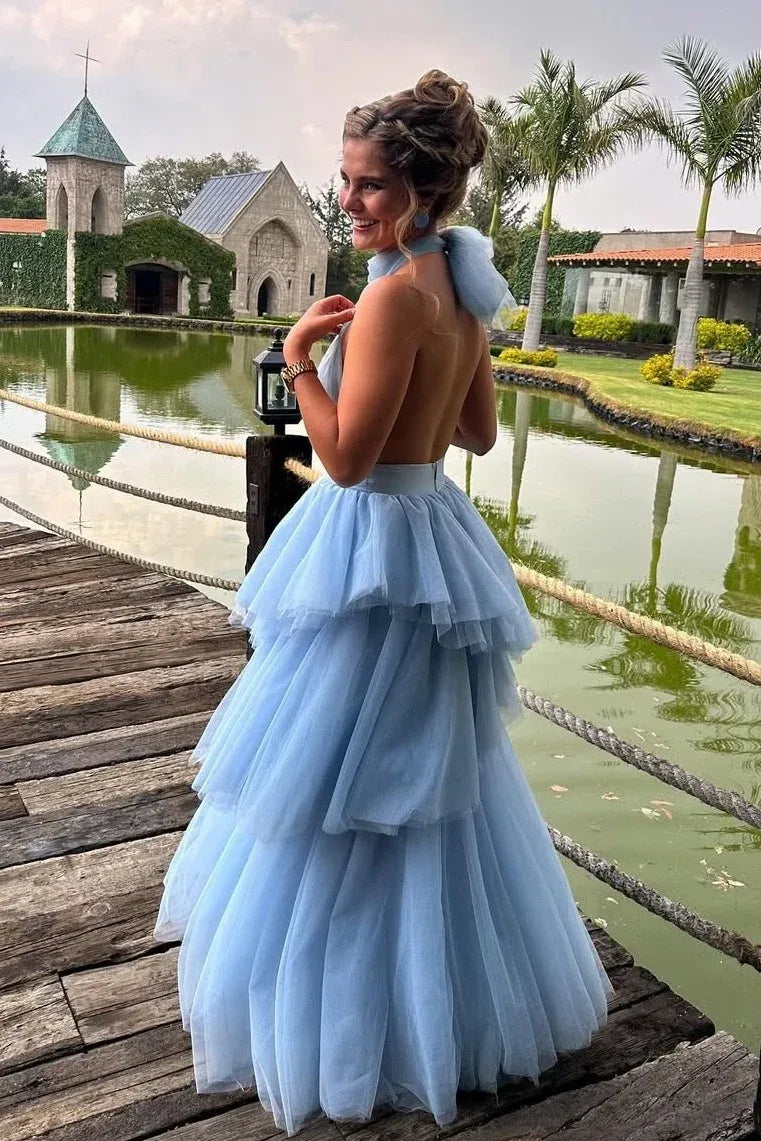 Romantic A-Line Halter Neck Sleeveless Open Back Floor-Length Prom Dress