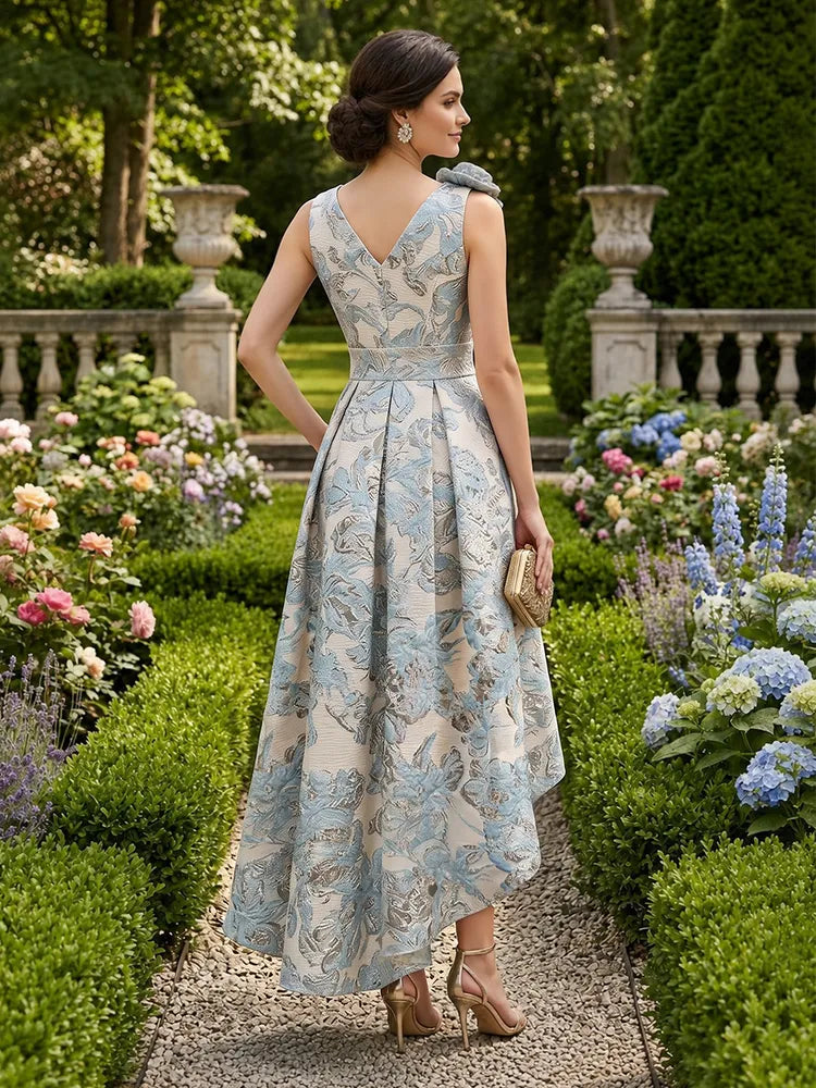Elegant A-Line V-Neck Sleeveless Jacquard High-Low Mother of the Bride Dress