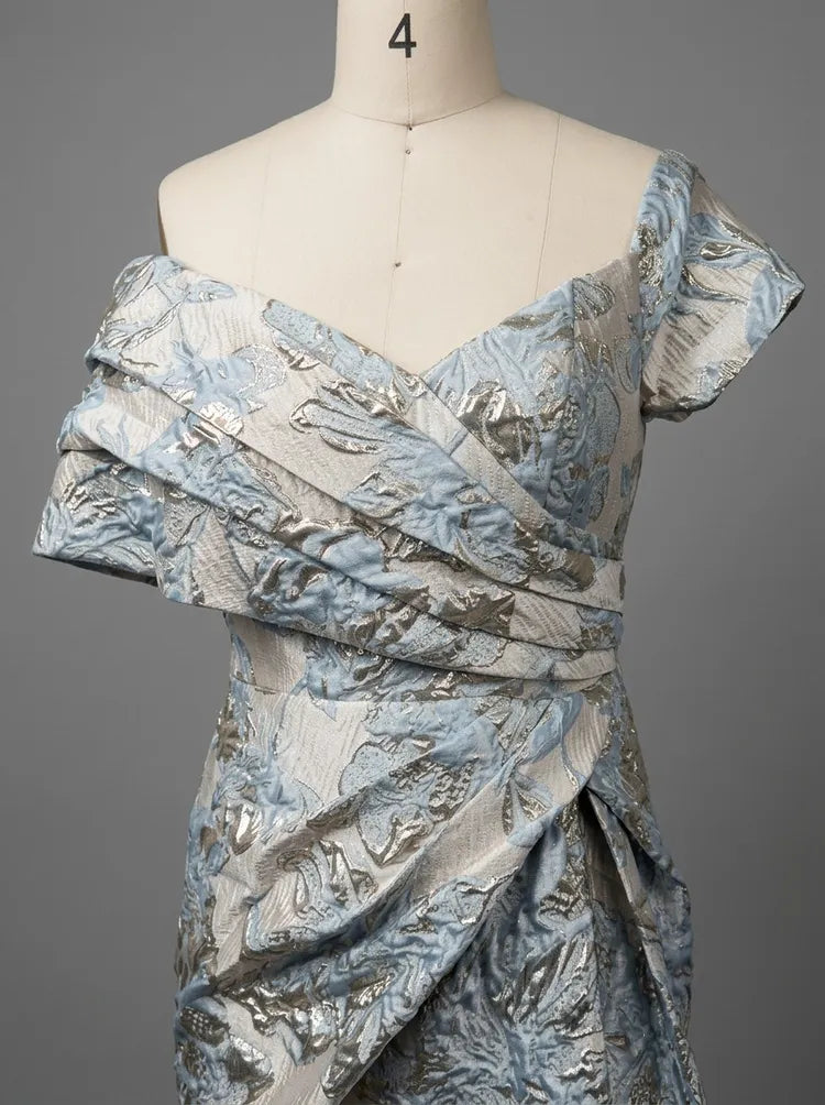 Elegant A-Line Asymmetric-Neck Off-Shoulder Jacquard Floor-Length Mother of the Bride Dress