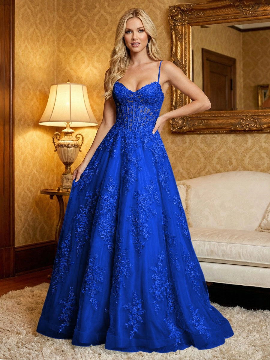 Romantic A-Line Sweetheart Spaghetti Strap Zipper Back Lace Tulle Prom Dress