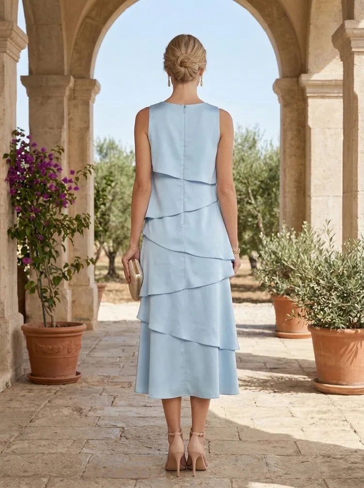Elegant A-Line Bateau-Neck Sleeveless Chiffon Midi Mother of the Bride Dress
