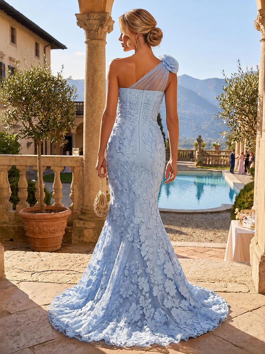 Elegant Mermaid One Shoulder Sleeveless Lace Floor Length Evening Dress