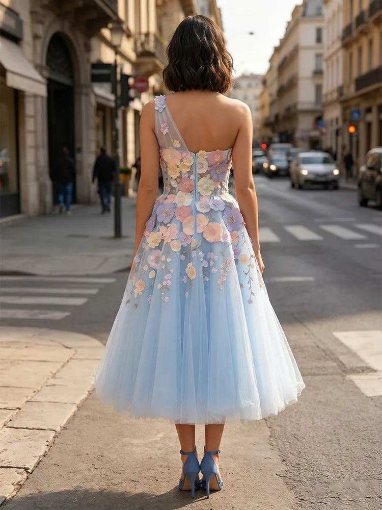 Whimsical A-Line One Shoulder Sleeveless Floral Tulle Tea Length Wedding Guest Dress