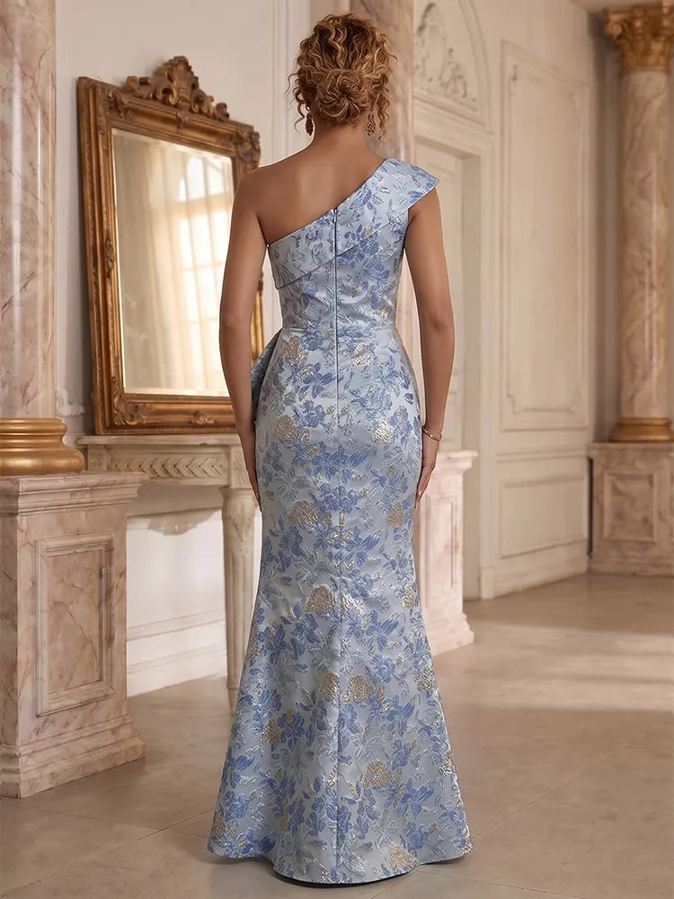 Elegant Mermaid One-Shoulder Sleeveless Jacquard Floor-Length Mother of the Bride Dress