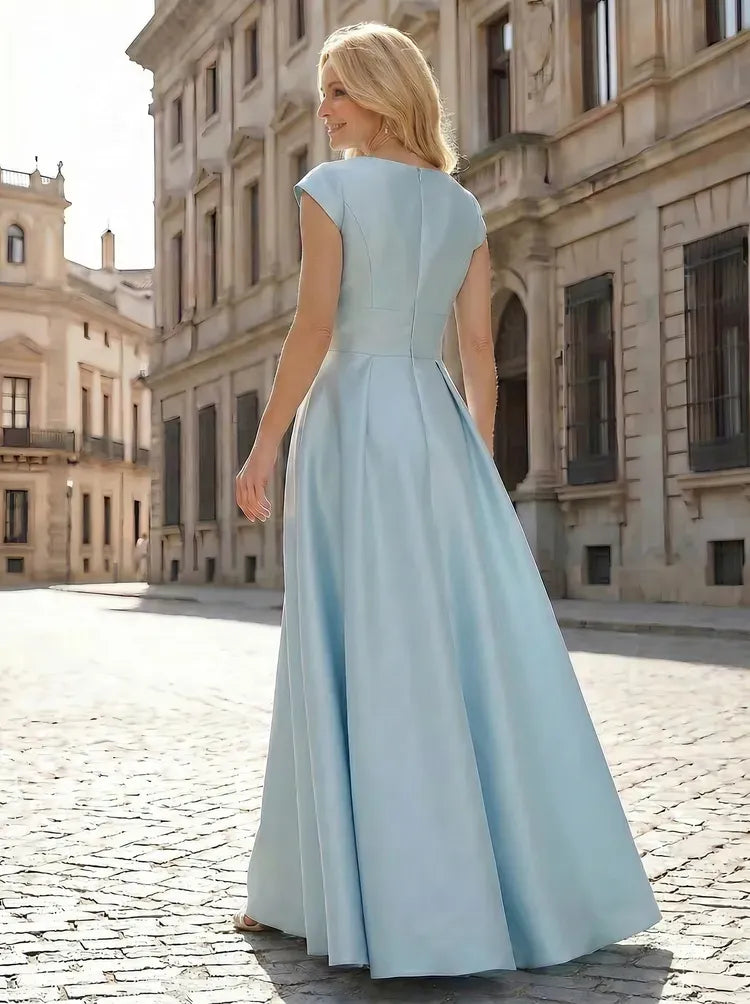 Elegant A-Line Notch-Neck Cap-Sleeve Satin Floor-Length Mother of the Bride Dress
