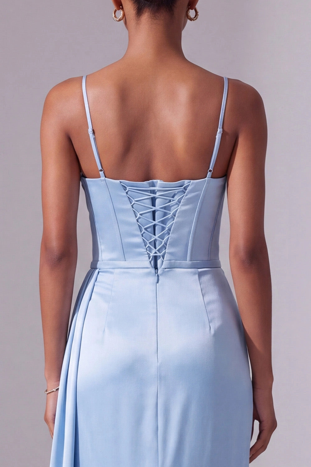 Elegant Mermaid Spaghetti Strap Sweetheart Sleeveless Lace Up Back High Slit Floor Length Satin Prom Dress