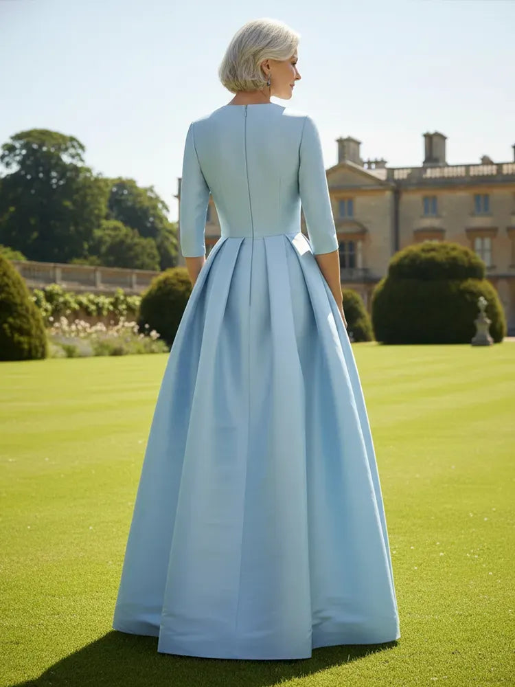 Refined A-Line V-Neck Three-Quarter-Sleeve Satin Floor-Length Mother of the Bride Dress