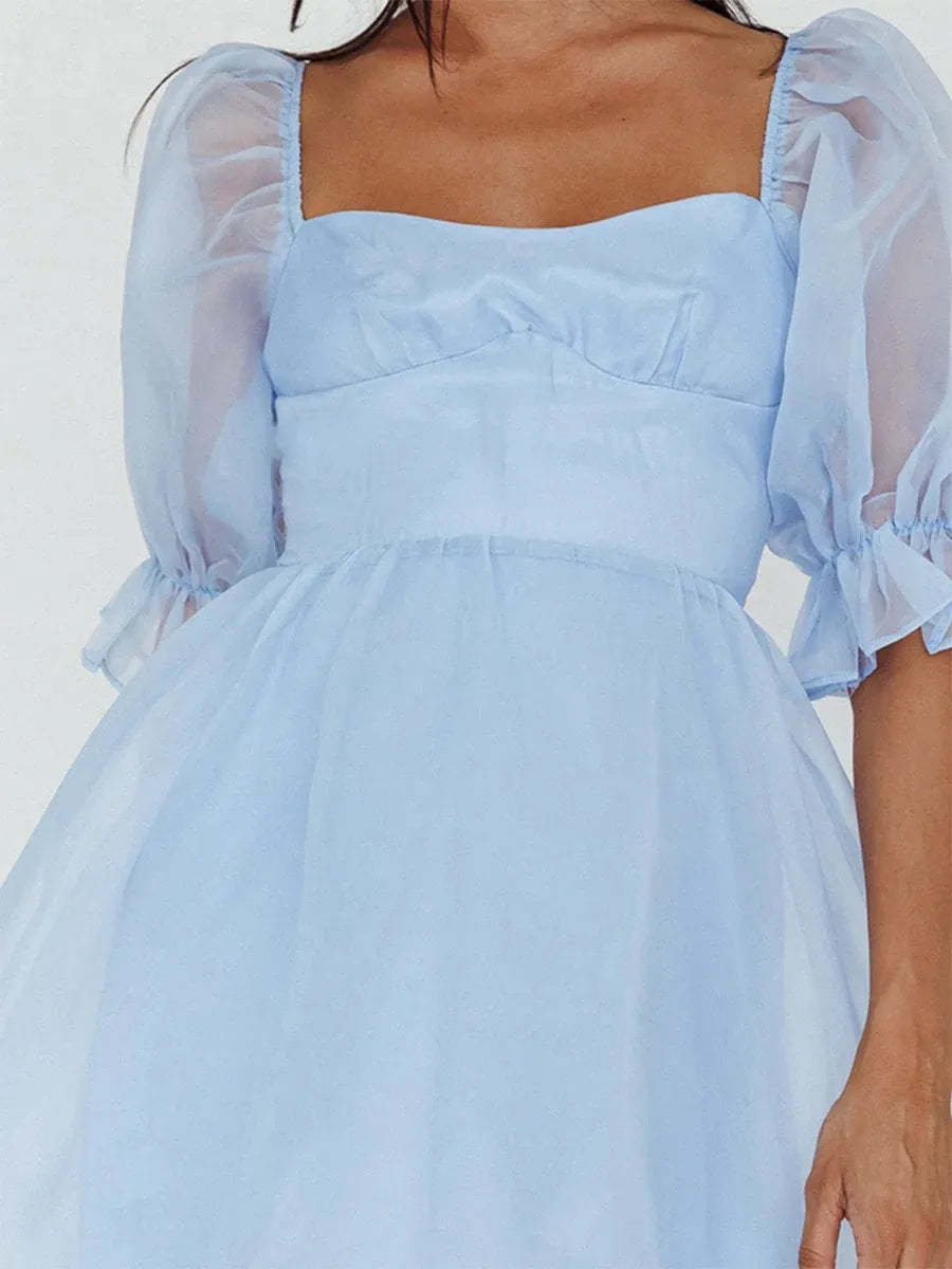 Dreamy A-Line Square Neck Puff Sleeve Closed Back Mini Homecoming Dress