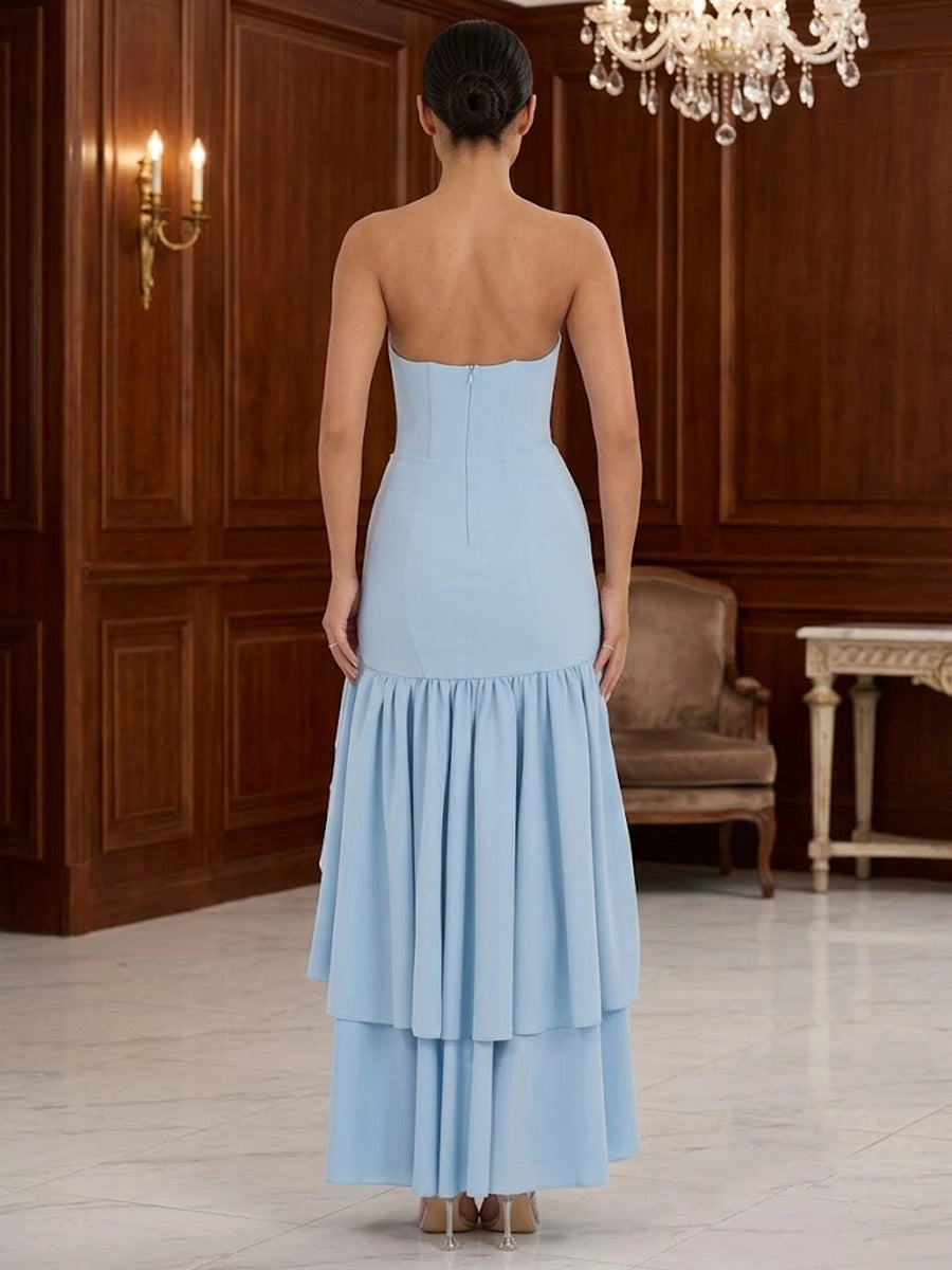 Elegant Chiffon Sheath Strapless Zipper-Back Ruffled High-Low Wedding Guest Dress