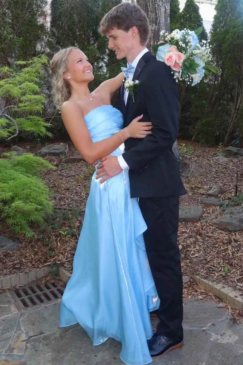 Elegant A-Line Straight Strapless Draped Ruffle Floor-Length Prom Dress