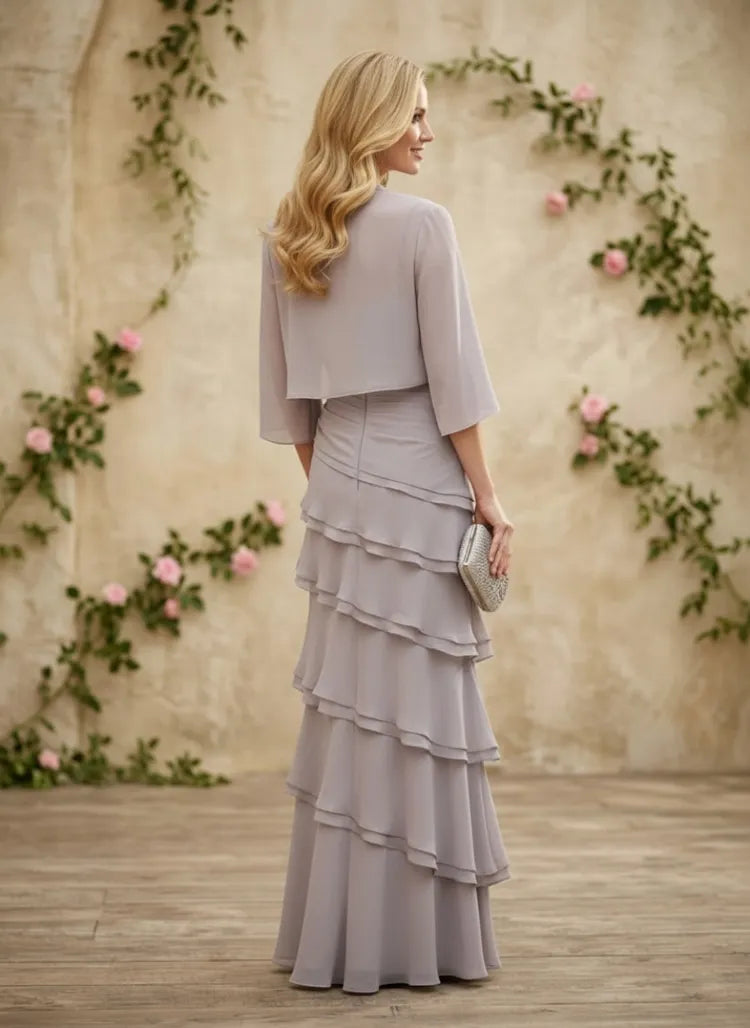 Elegant A-Line Square-Neck Chiffon Jacket Floor-Length Mother of the Bride Dress