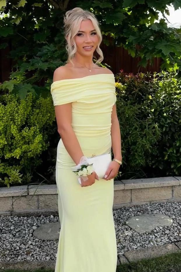 Light Green Jersey Mermaid Off Shoulder Draped Back Floor-Length Evening Dress