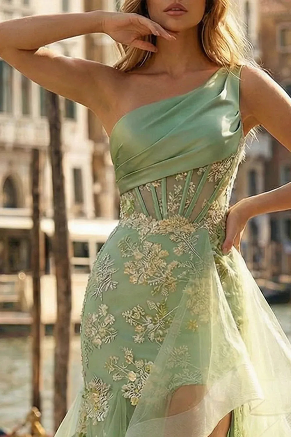 Romantic A-Line One Shoulder Sleeveless Illusion Back Floor Length Prom Dress