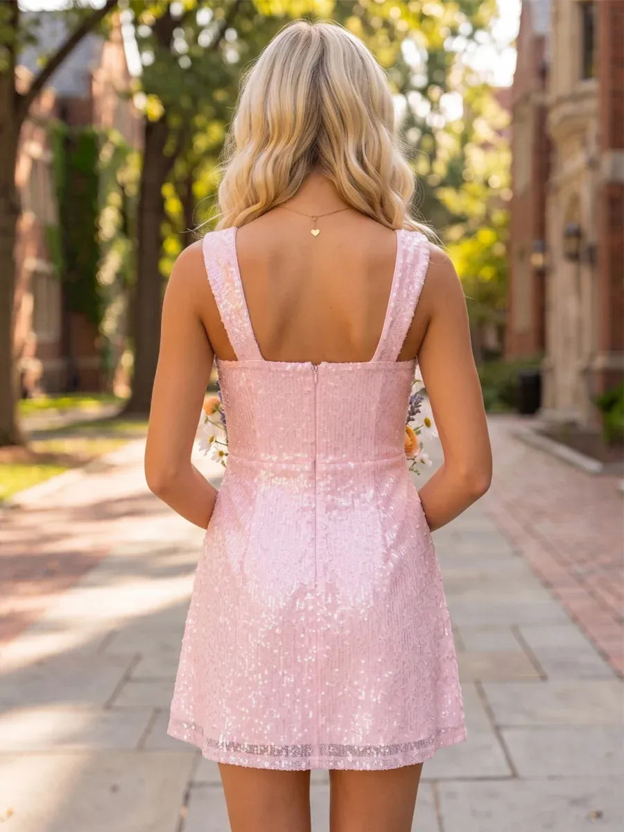 Sparkling A-Line Sweetheart Wide Strap Zipper Back Mini Homecoming Dress