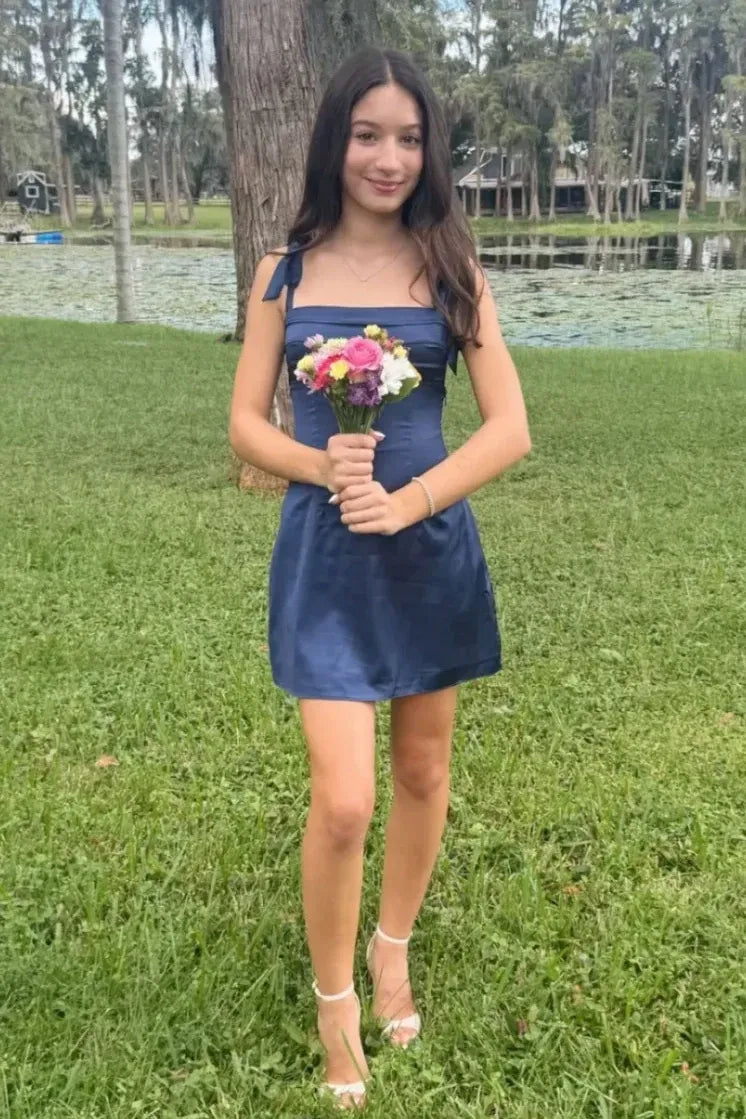 Romantic A-Line Square Neck Bow Straps Tie Back Mini Homecoming Dress
