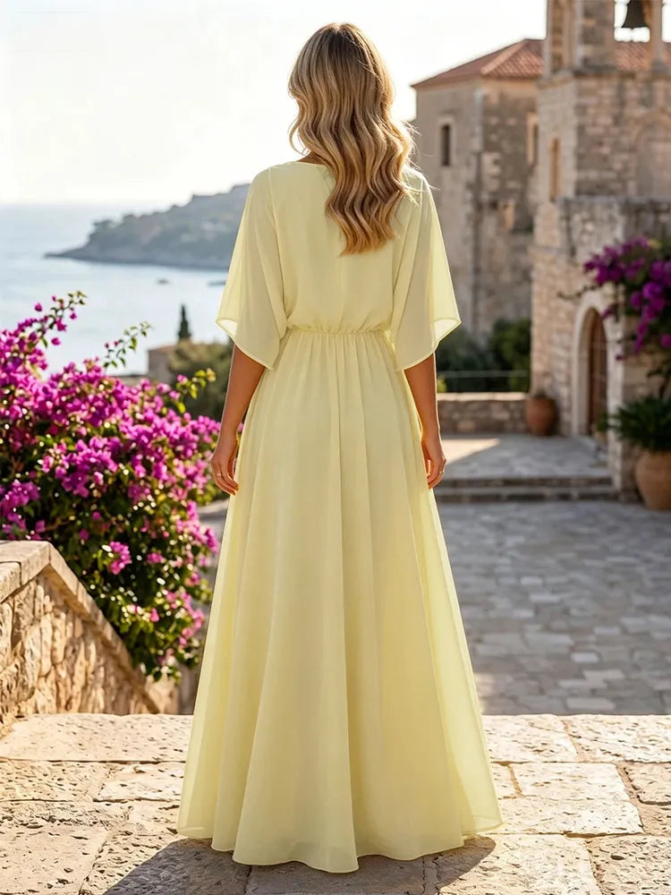 Elegant A Line Round Neck Batwing Chiffon Floor Length Wedding Guest Dress