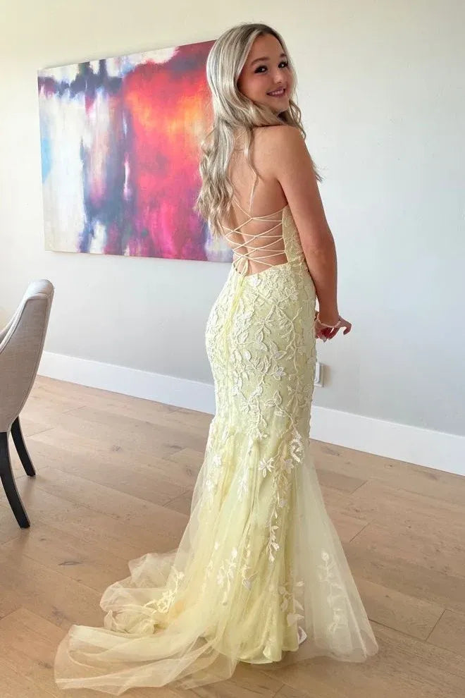 Romantic Lace Mermaid Sweetheart Spaghetti-Strap Lace-Up Floor-Length Prom Dress
