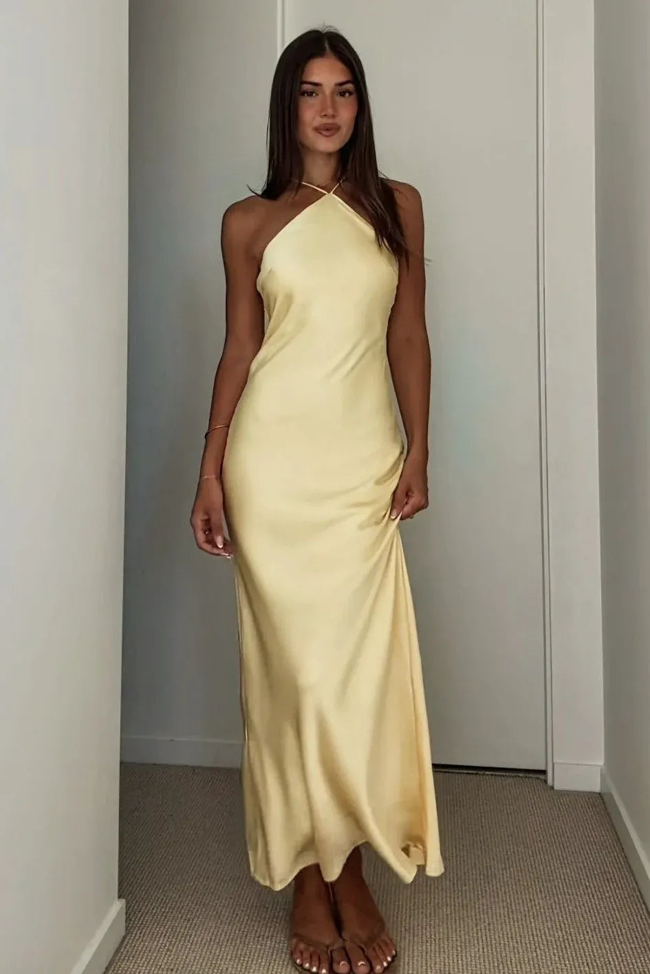 Elegant Satin Sheath Halter Sleeveless Tie Back Floor Length Wedding Guest Dress