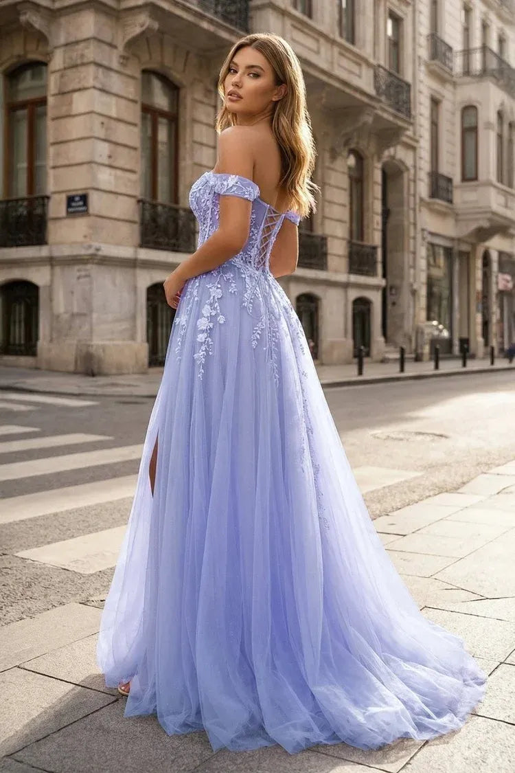 Loverlm Romantic Lilac Lace A-Line Sweetheart Off-Shoulder Lace-Up Floor-Length High-Slit Prom Dress