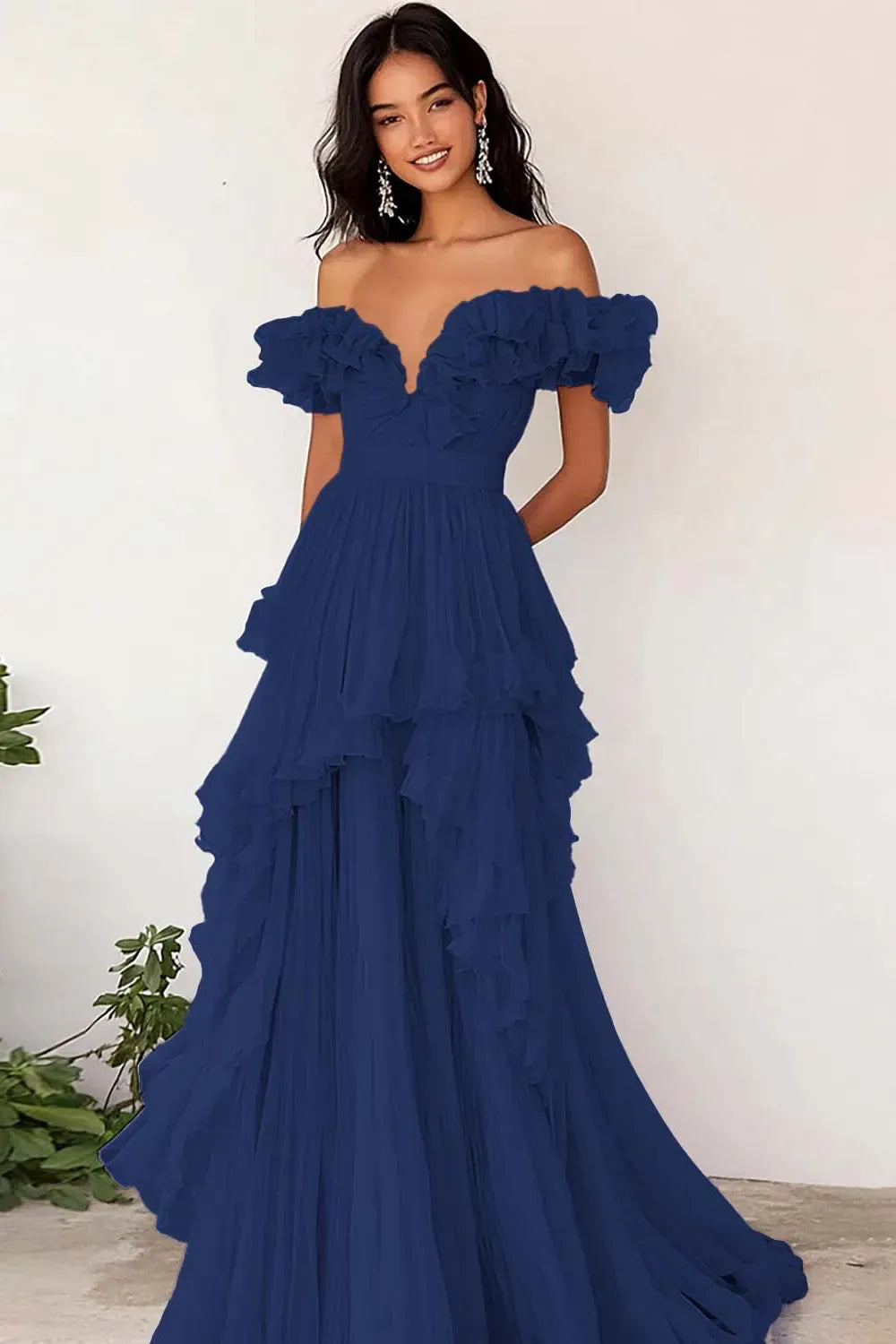 Romantic A-Line V-Neck Off Shoulder Ruffle Floor Length Prom Dress