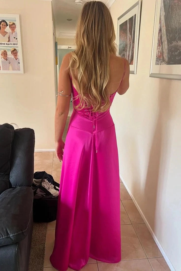 Loverlm Elegant A-Line Square-Neck Spaghetti-Strap Lace-Up Back Flowing Floor-Length Prom Dress