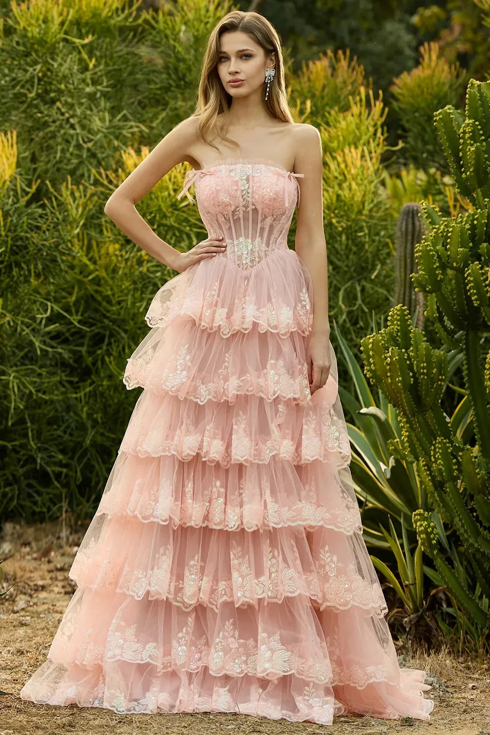 Dreamy Ball Gown Straight Strapless Zipper Back Tiered Floor-Length Prom Dress